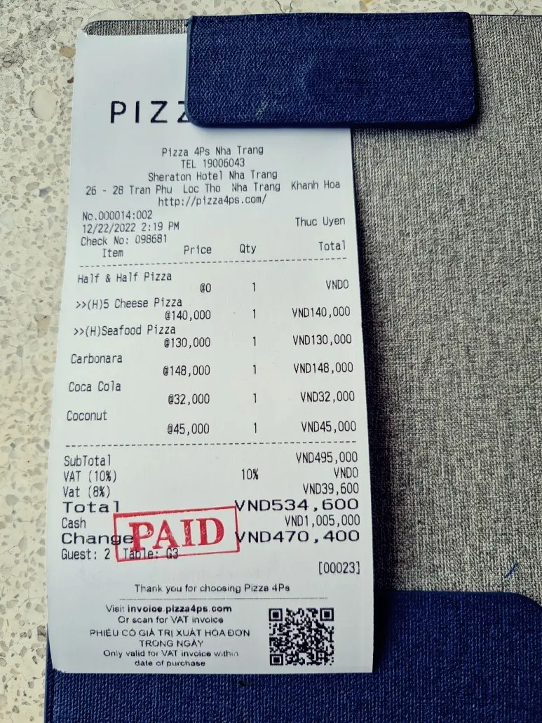 나트랑 쉐라톤 호텔 PIZZA 4P'S 계산서